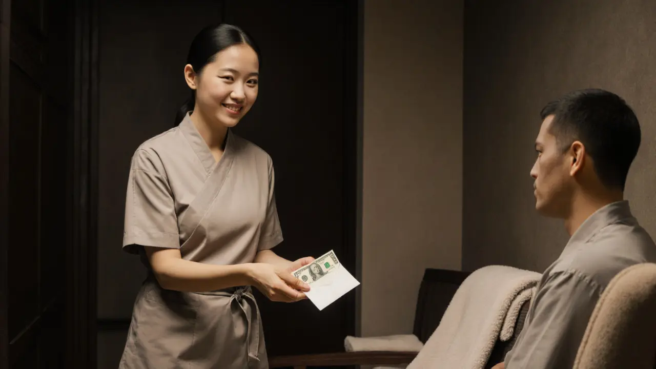 A spa therapist handing a cash tip in an envelope to a grateful guest with a gentle smile.