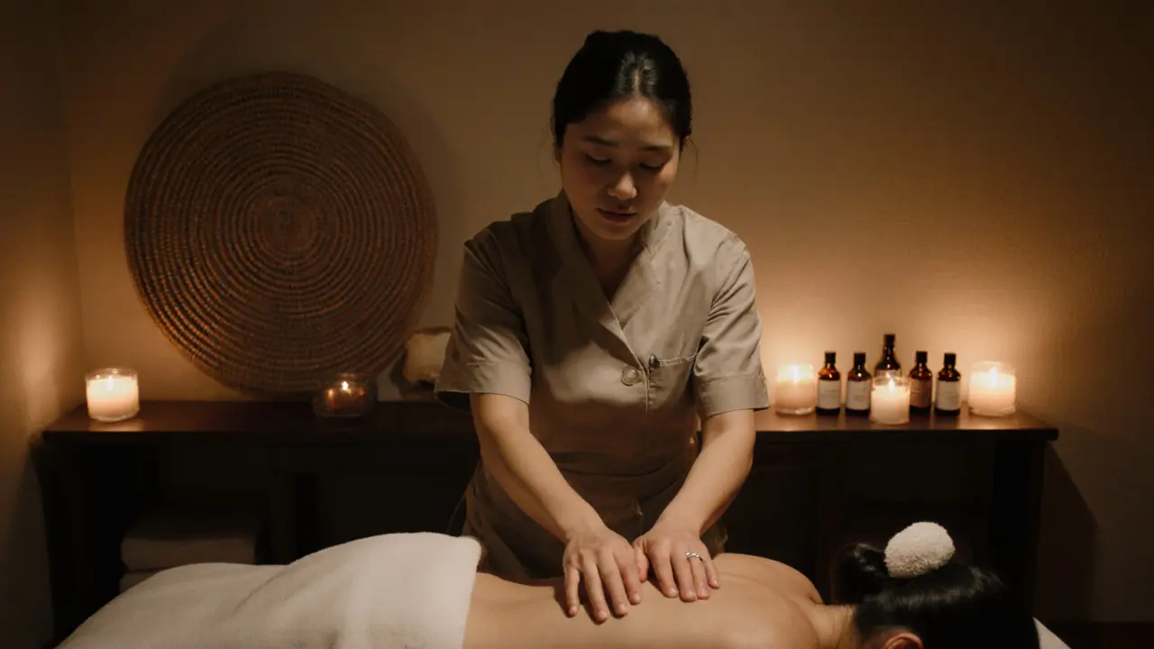 A therapist giving a gentle massage with candles and oils in the background.