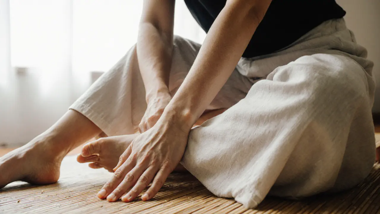 Close-up of hands and feet performing a stretching technique on a clothed leg during a Thai massage session.