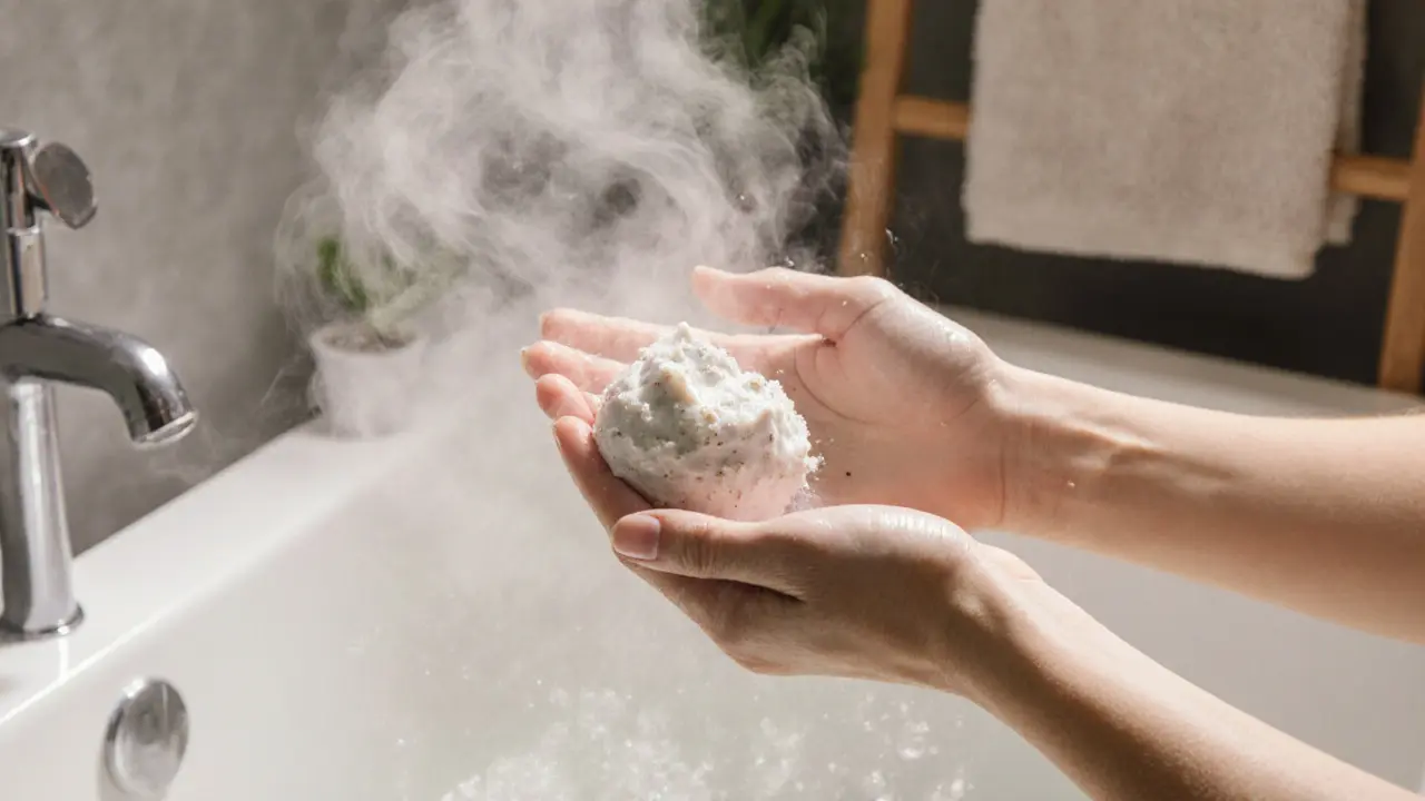 Close‑up of hands applying creamy sugar scrub in a steamy shower.