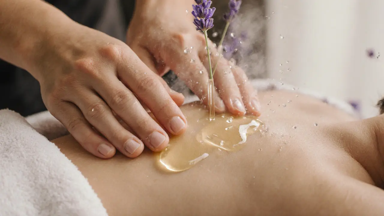 Close-up of hands applying lavender massage oil with delicate flower particles floating in the air.