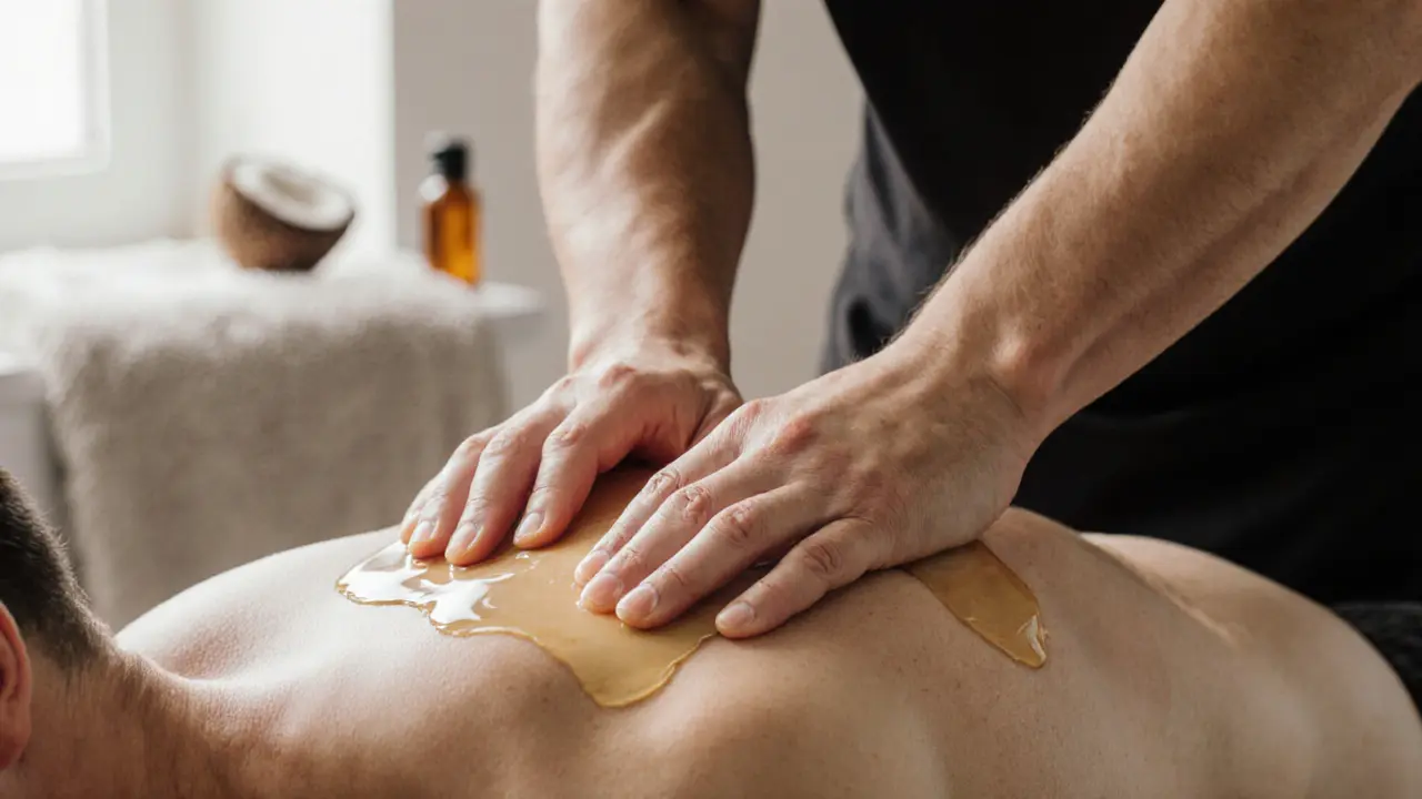 Close-up of hands massaging shoulder with oil during a deep tissue session.