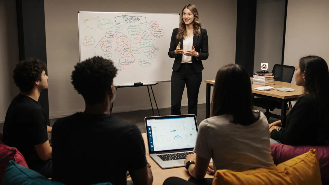 Coach leading a group workshop surrounded by e‑books and digital tools.