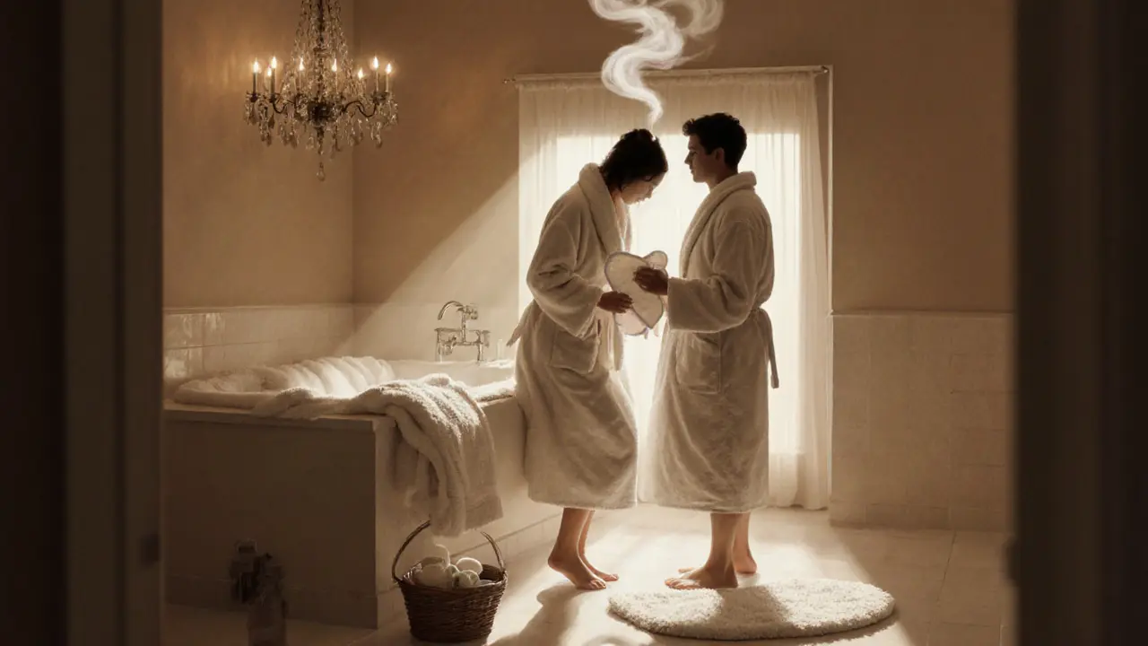 Couple drying off together in robes, holding a fresh pad and heated pad after the bath.