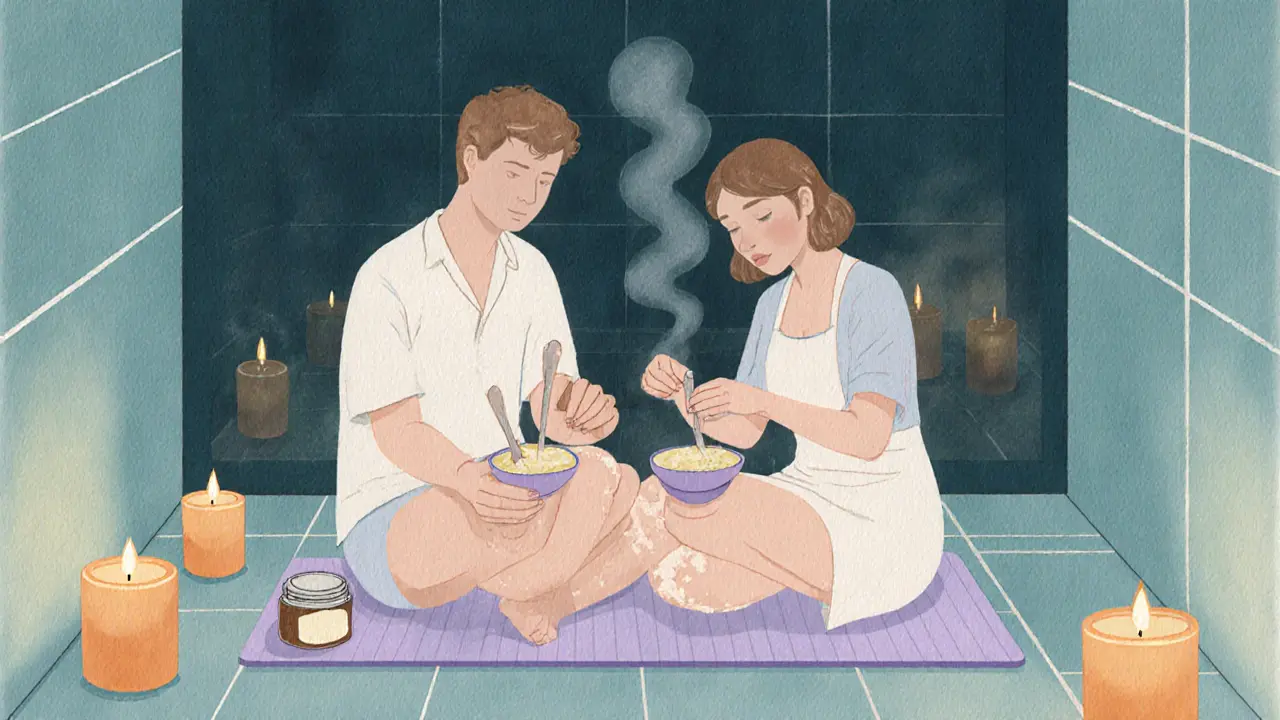 Couple enjoying a candlelit mini‑spa with sugar scrubs and brushes.