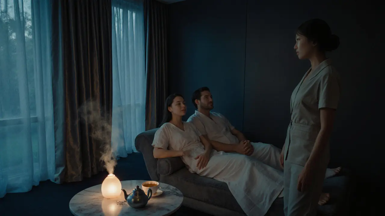 Couple seated in a dim spa suite, hands clasped, therapist listening nearby.