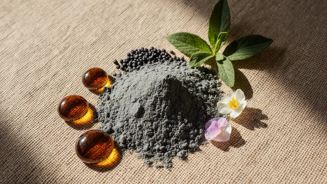 Flat‑lay of argan oil, Ghassoul clay, black soap, eucalyptus leaves, and orange blossom petals on linen.