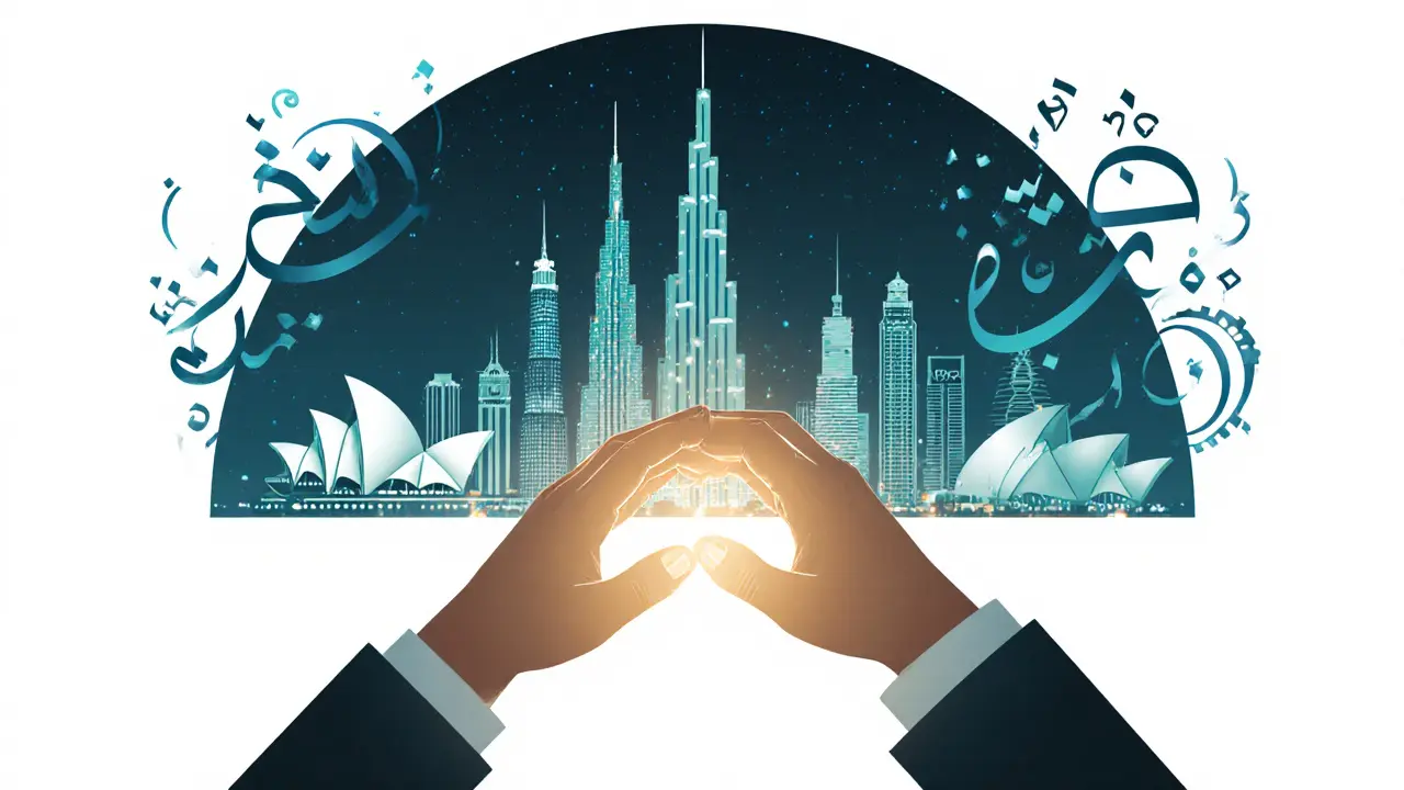 Glowing hands holding each other against a night view of Dubai&#039;s skyline.