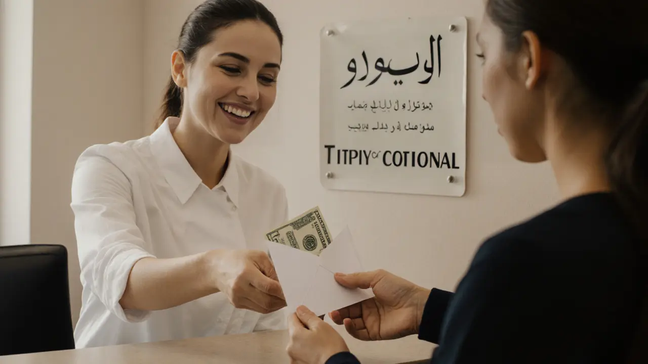 Hands exchanging a cash tip at a spa reception with a quiet smile.