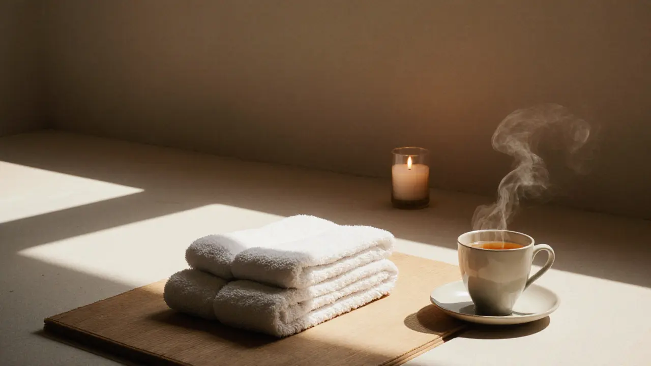 Minimalist spa room with a massage mat, tea tray, and candles, exuding calm and serenity.