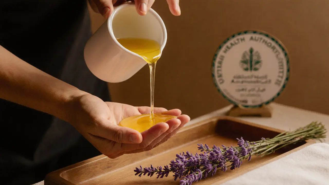 Organic massage oil being poured into warm hands with lavender and a certification badge nearby.