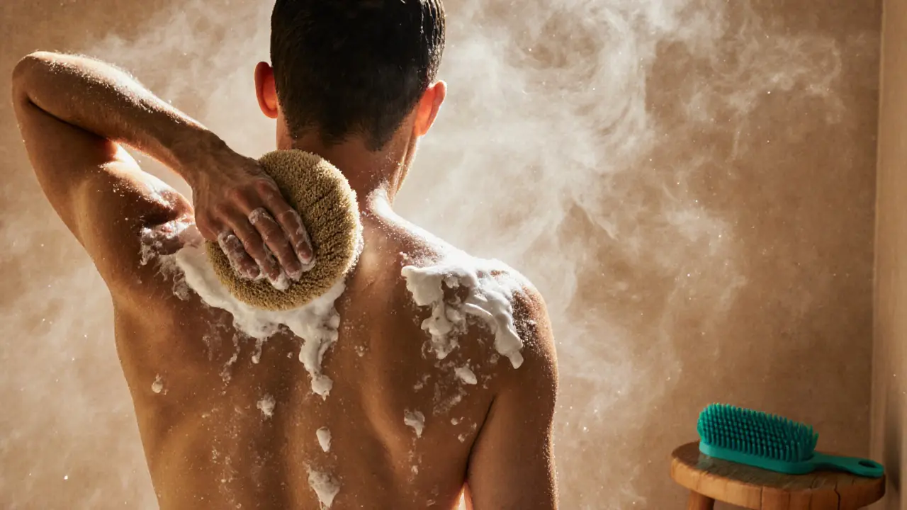 Person applying foamy Moroccan body wash in a steamy shower, showing glowing skin and a loofah.