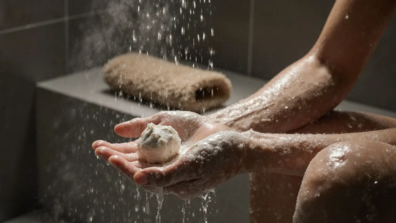 Person in a steamy shower massaging sugar scrub onto damp skin with circular motions.