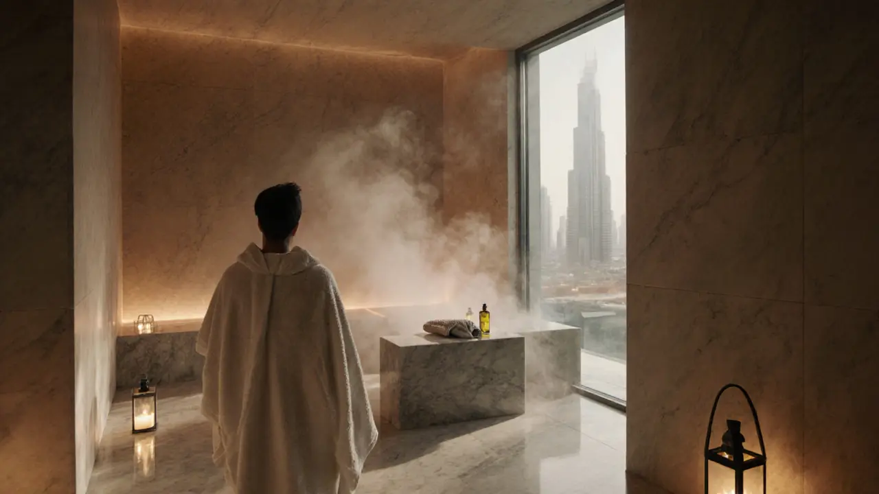 Person moving through three-zone hammam in a Dubai spa with steam and lanterns.