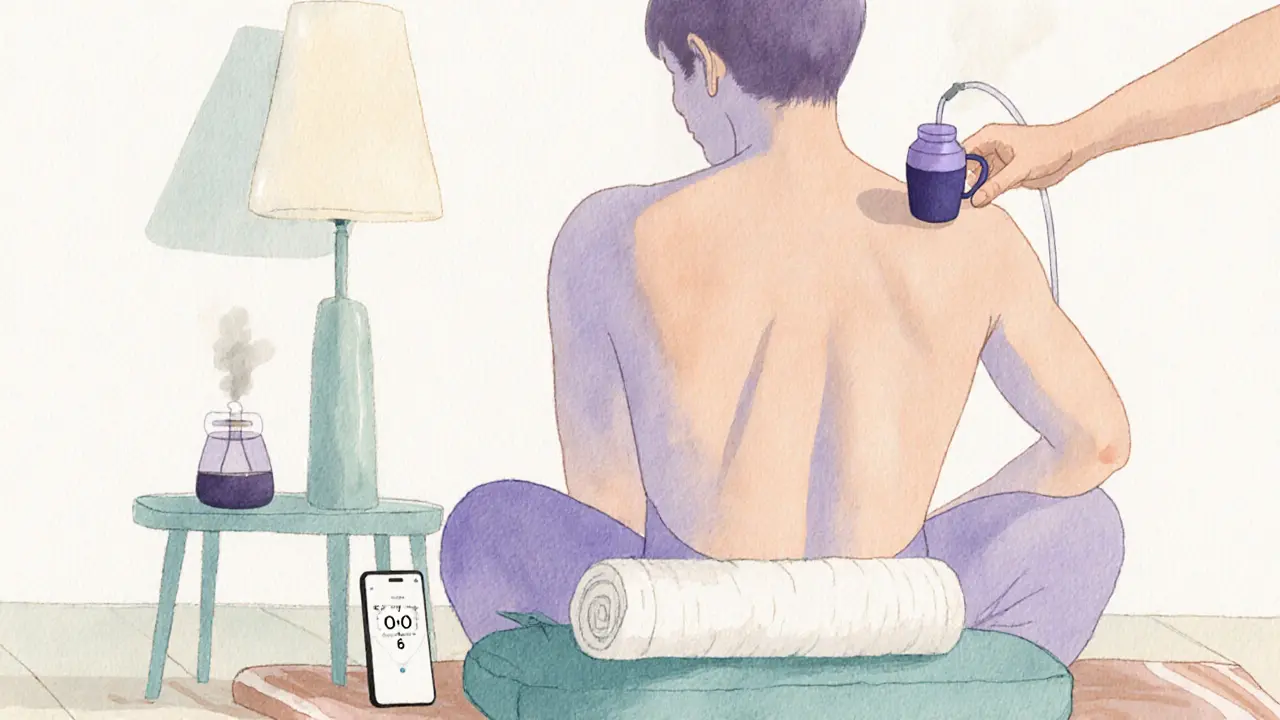 Person practicing self‑cupping at home with a silicone cup set and aromatherapy diffuser.