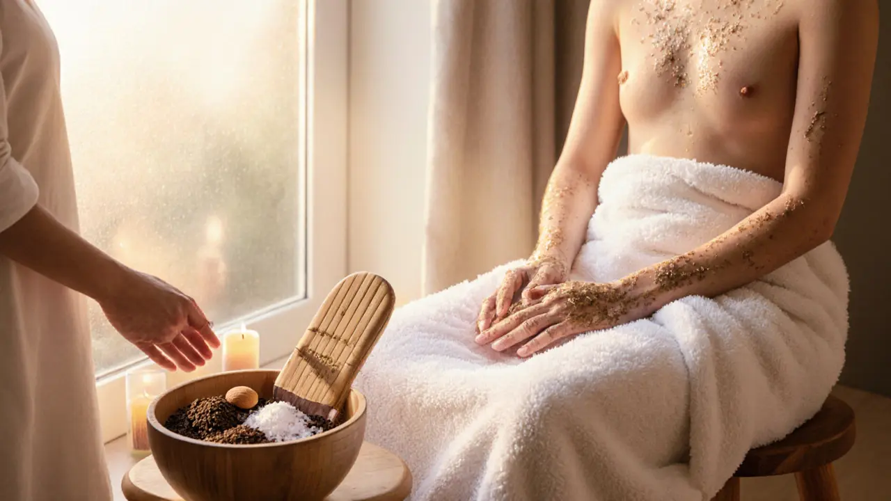 Person wrapped in a towel after scrubbing, surrounded by spa tools and warm candlelight.