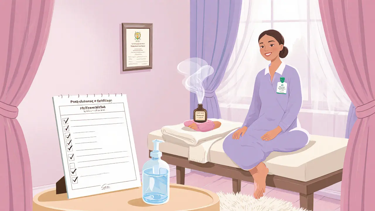 Post‑massage scene with water, certification plaque, and soothing pastel decor.