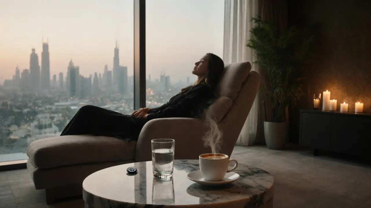 Post‑sauna lounge with water glass, espresso cup, timer, and soft city light creating a calm vibe.