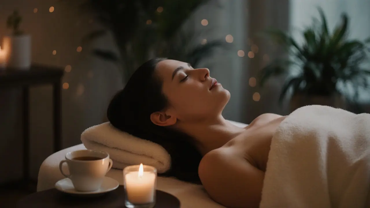 Relaxed client wrapped in a blanket after massage, with herbal tea and candle nearby.