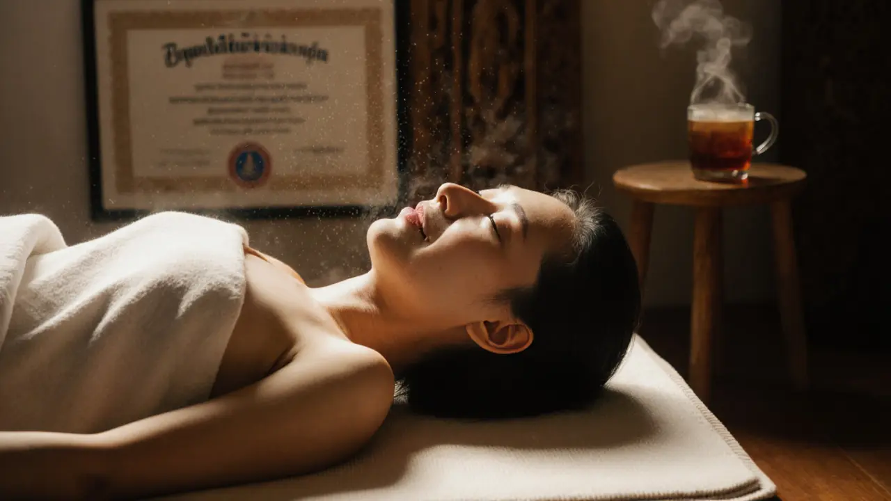 Relaxed person lying on a mat after a Thai massage, covered with a blanket, looking peaceful in a calm spa setting.