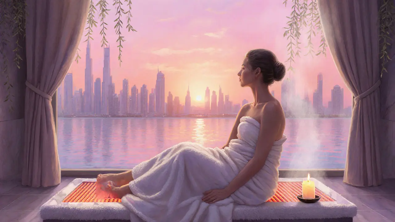 Relaxed person wrapped in towel after hammam, glowing skin, city skyline backdrop.
