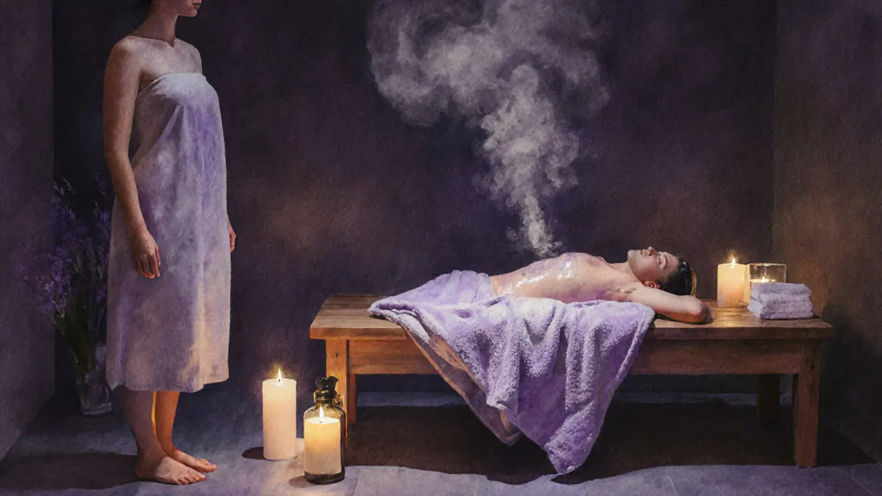 Serene spa setting showing a person with glowing skin after a body scrub, surrounded by candles.