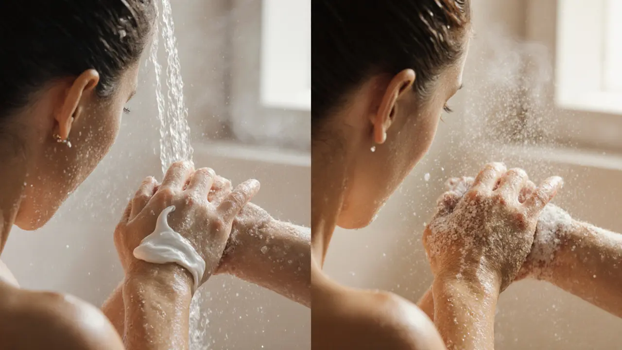 Side‑by‑side wet and dry skin scrub demonstration in a warm bathroom.