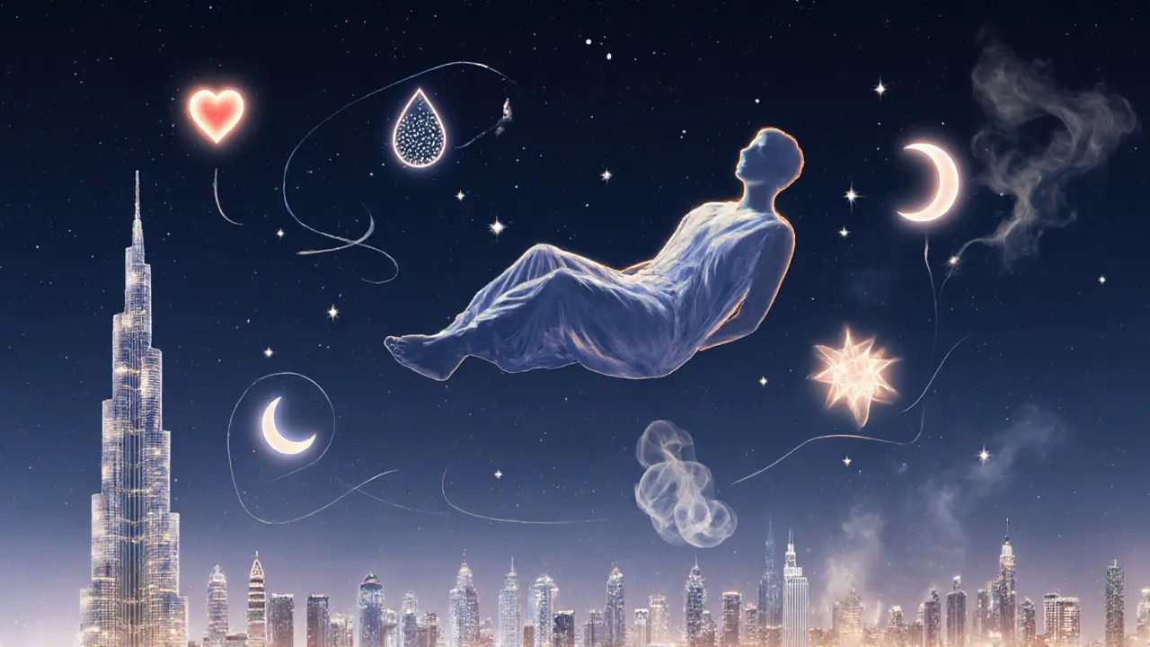 Silhouette floating over Dubai skyline surrounded by icons for heart health, hydration, detox and sleep.