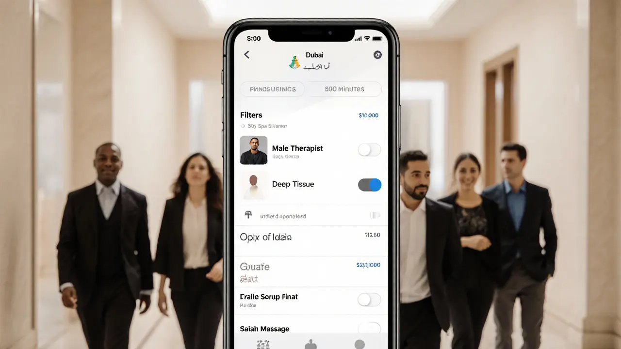 Smartphone screen showing spa booking app with male therapist option selected.