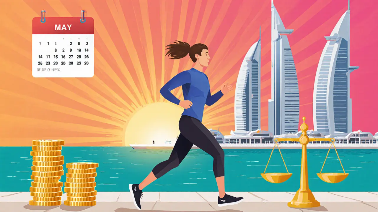 Smiling client jogging by Dubai Marina, symbolizing benefits of coaching