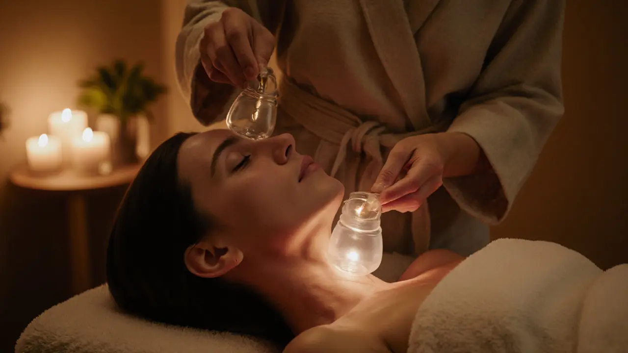 Spa setting with therapist placing silicone cups on a client's jaw and neck.