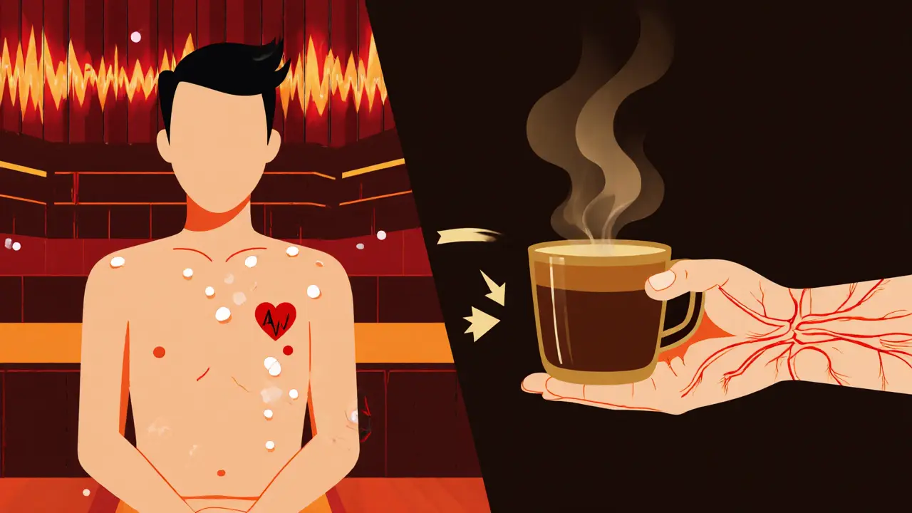 Split illustration of sauna heat and a hand holding espresso, showing blood flow and energy boost.