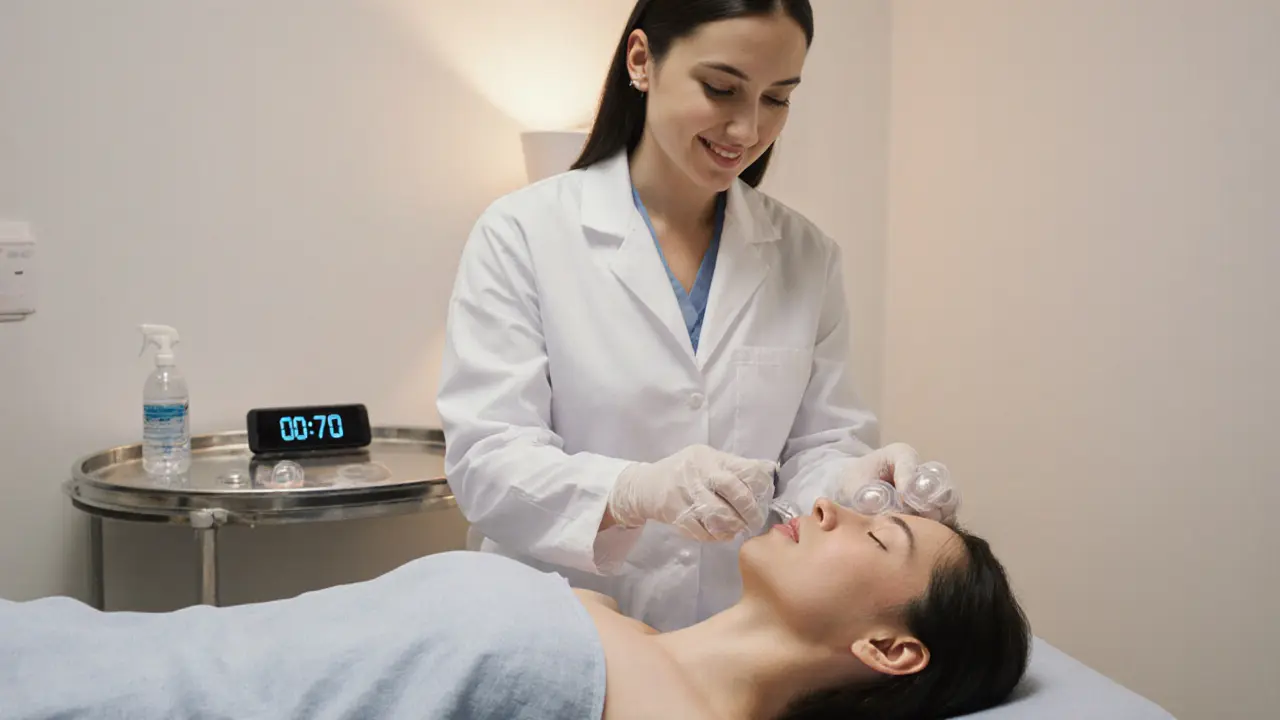 Therapist applying silicone cupping cups to a client in a clean clinic room.