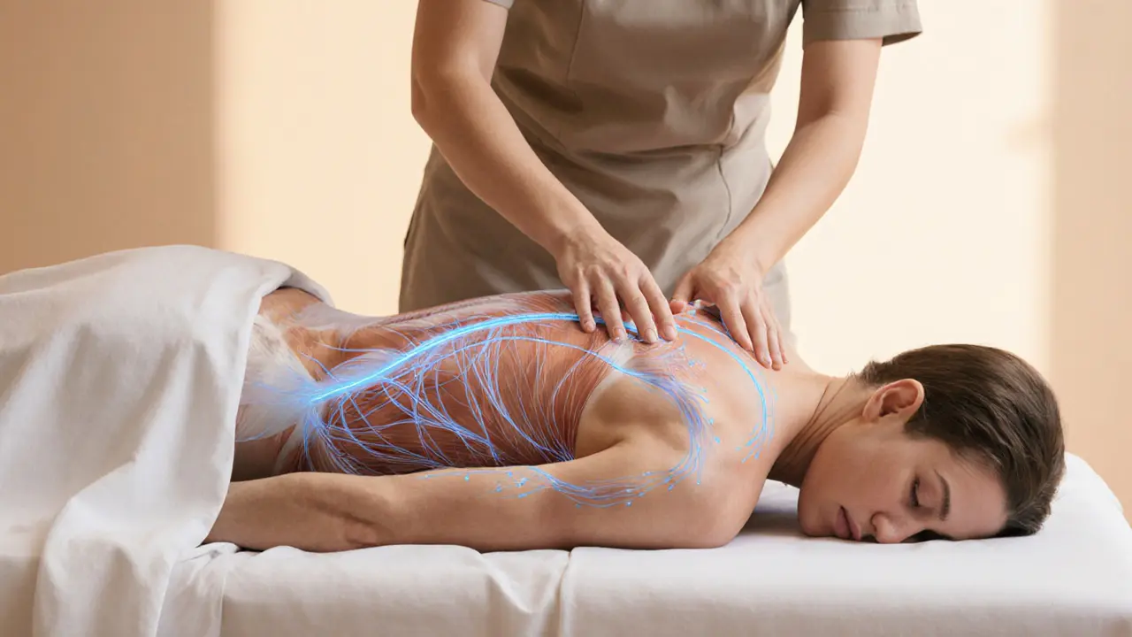 Therapist performing deep tissue massage, showing muscle layers and trigger points.