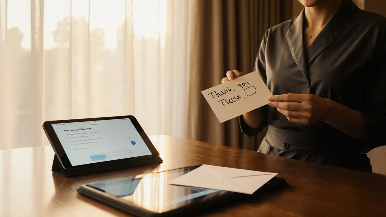 Therapist receives thank‑you note, gift card, and digital tip on tablet.