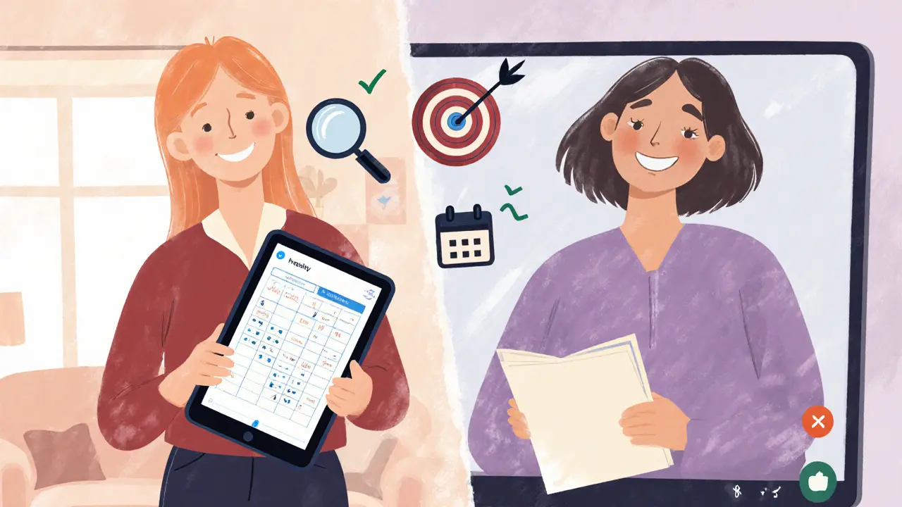 Virtual coaching session with habit‑tracking icons between coach and client.