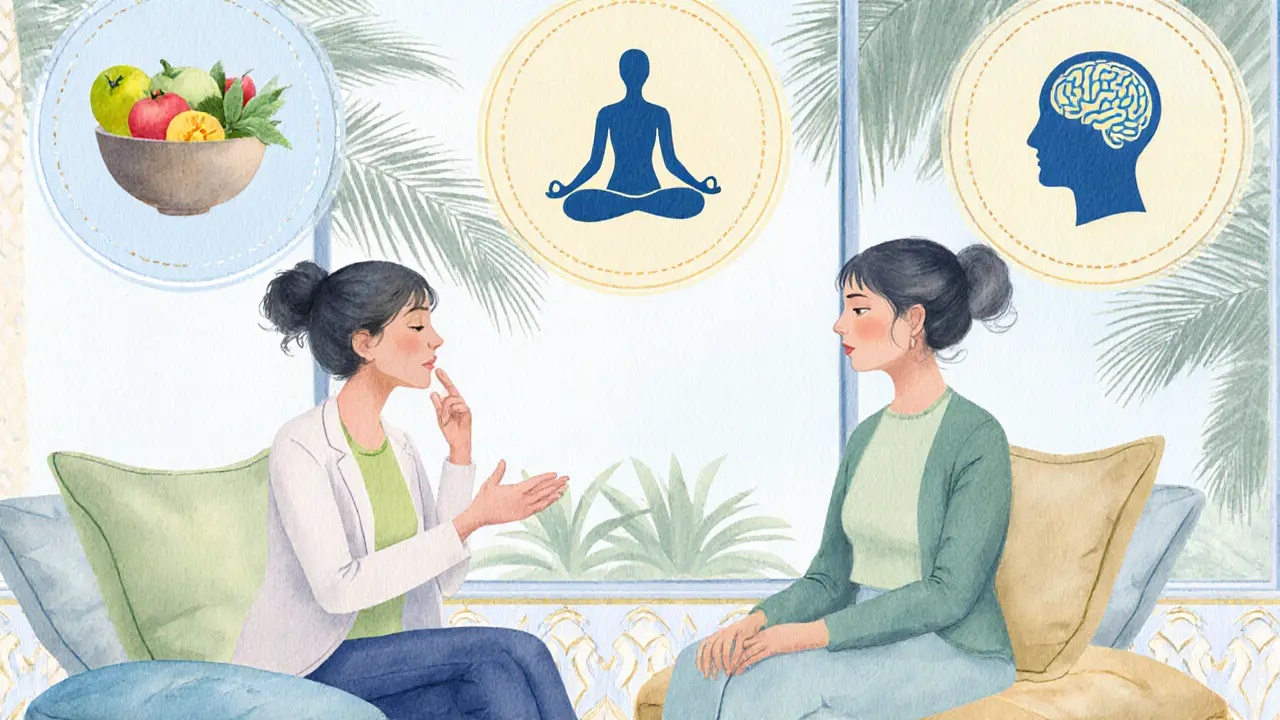 Wellness coach and client discussing nutrition, movement, and mindset in a spa lounge