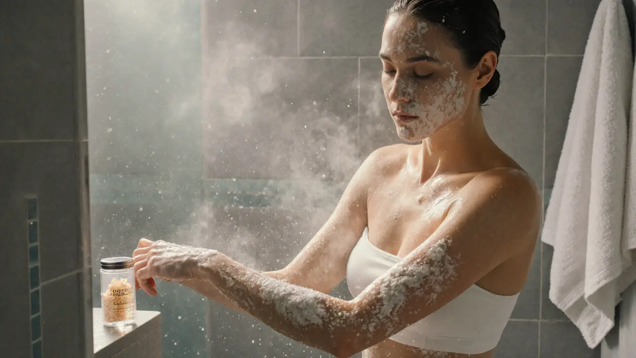 Woman applying body scrub in a steamy shower, with water droplets and scrub bottle visible.