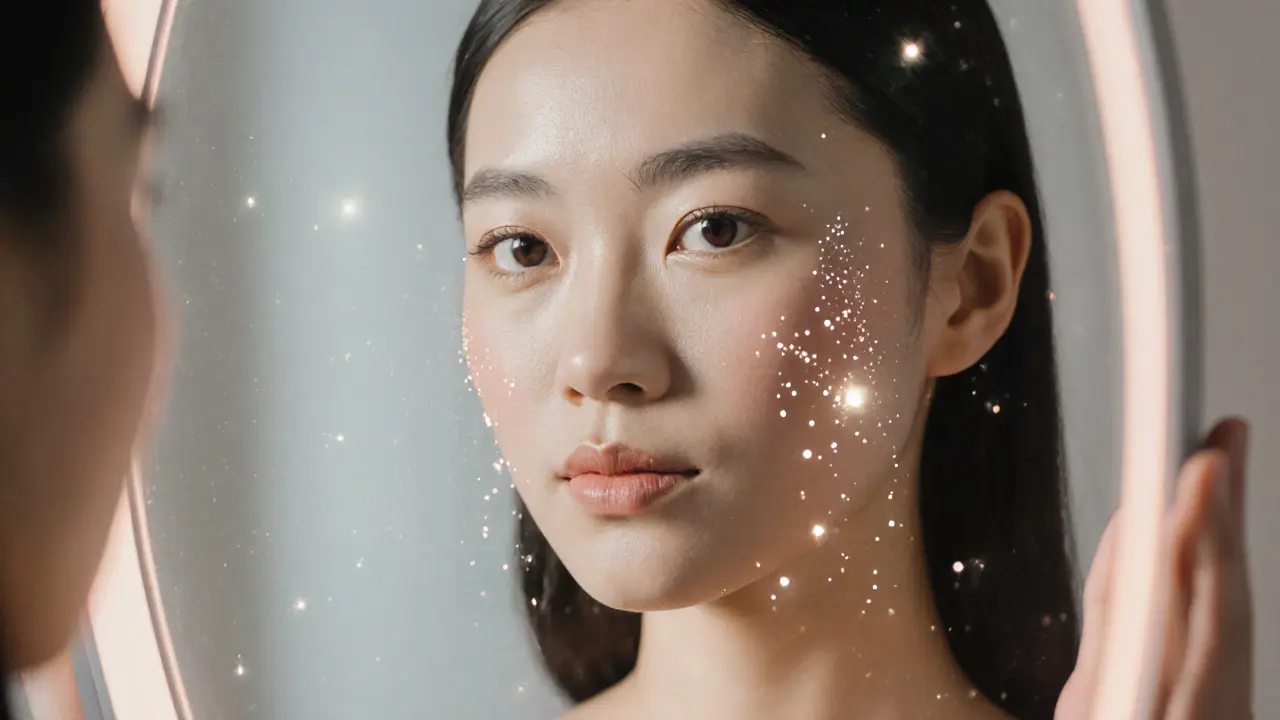 Woman looking in a mirror, half face showing subtle skin tightening after cupping.