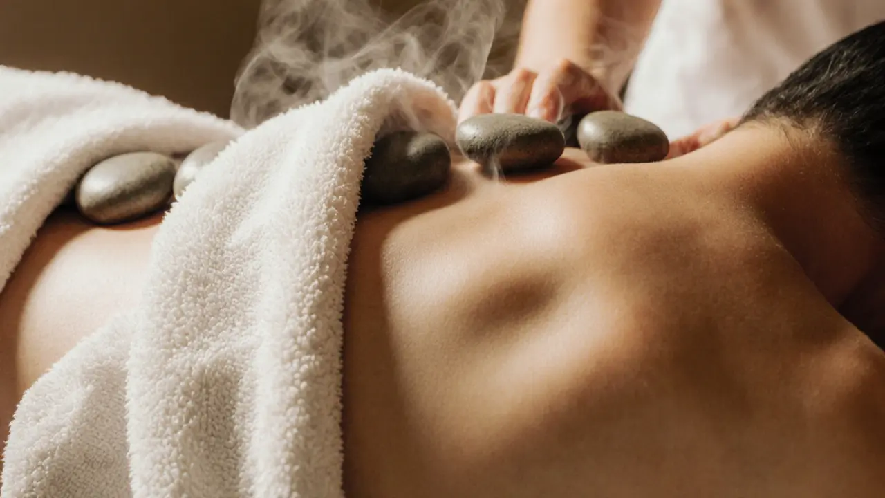 A close-up of a draped shoulder with steam rising from warm stones during a massage treatment.