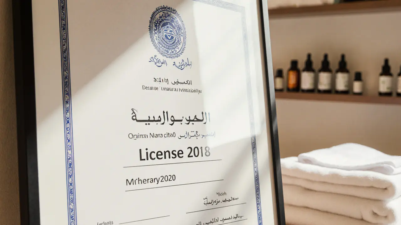 A close-up of a Dubai Health Authority license displayed on a spa wall.