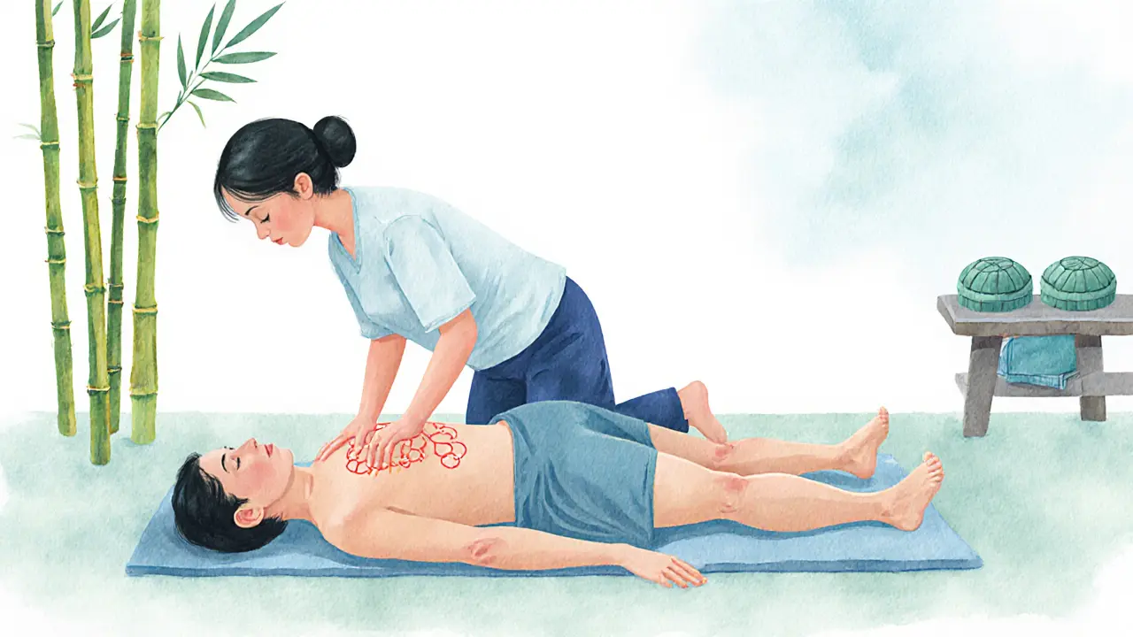 A clothed therapist using hands and feet to perform Thai massage on a fully clothed client.