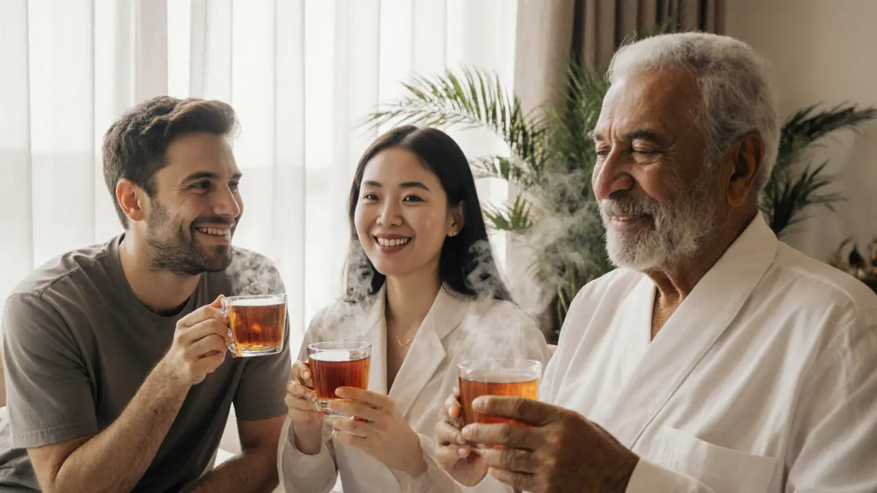 A diverse group of people smiling after a massage, holding tea in a quiet lounge.
