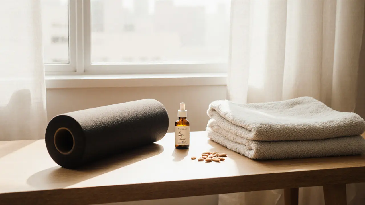 A foam roller and natural oil on a wooden table, symbolizing at-home therapeutic care.