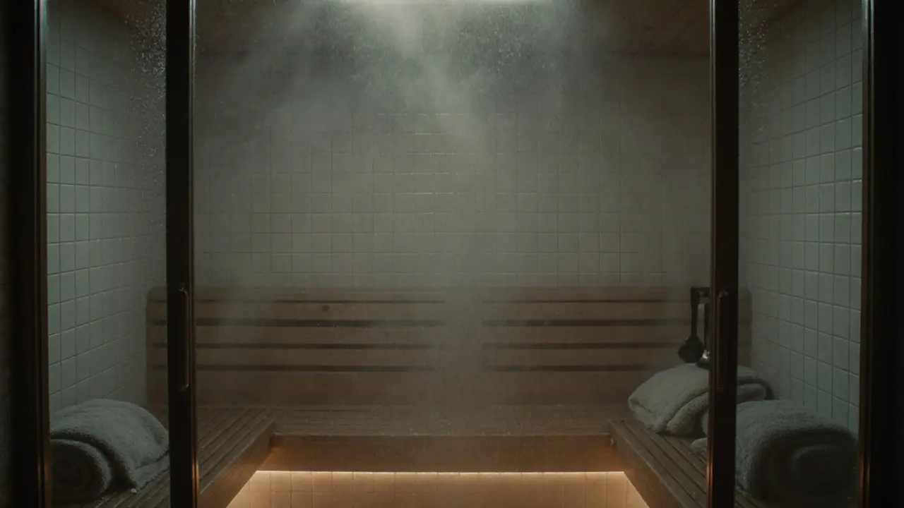 A foggy steam room with tiled walls and towels on benches, condensation on glass surfaces.