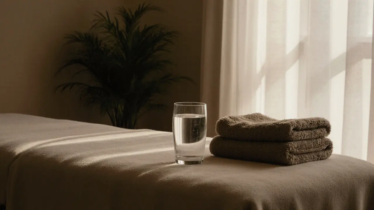 A glass of water and warm towel beside a massage table, symbolizing post-massage recovery and stillness.