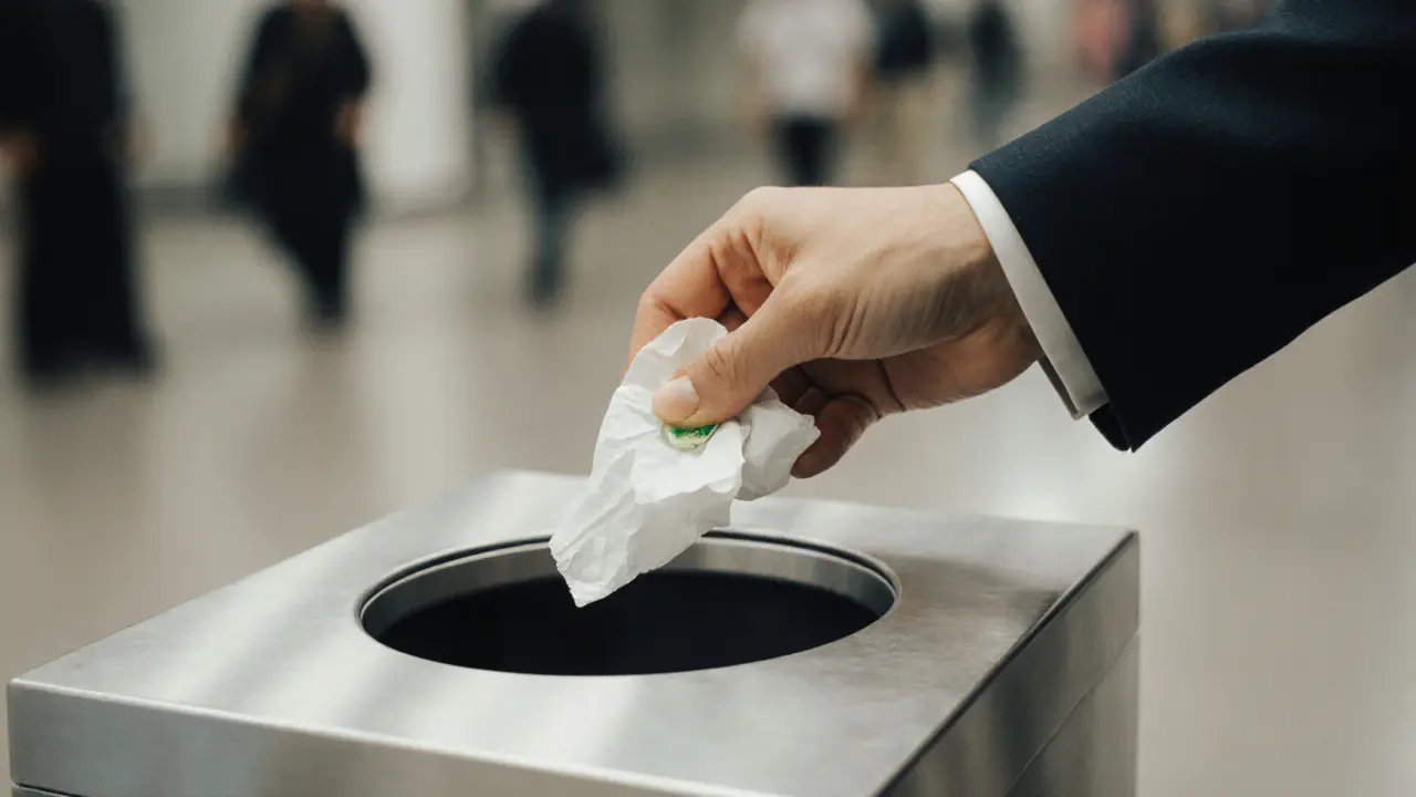 A hand wrapping gum in tissue and disposing of it discreetly in a bin.