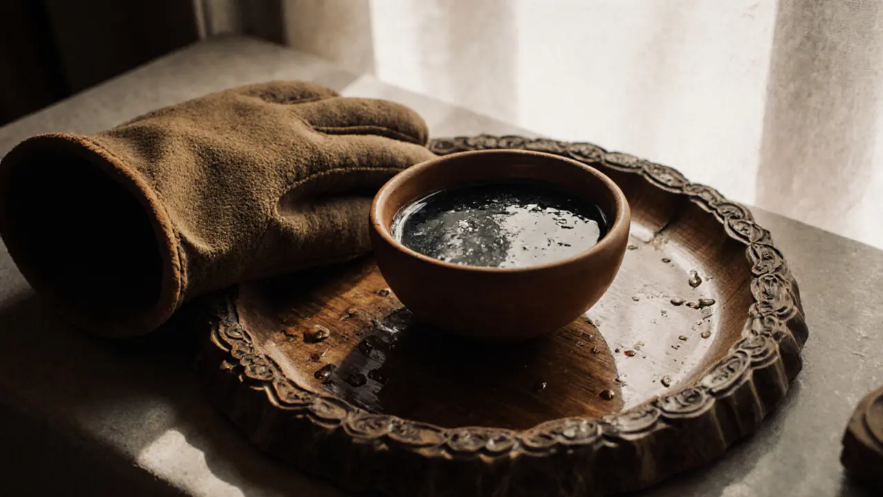 A kessa glove and black soap on a wooden tray with water droplets glistening.