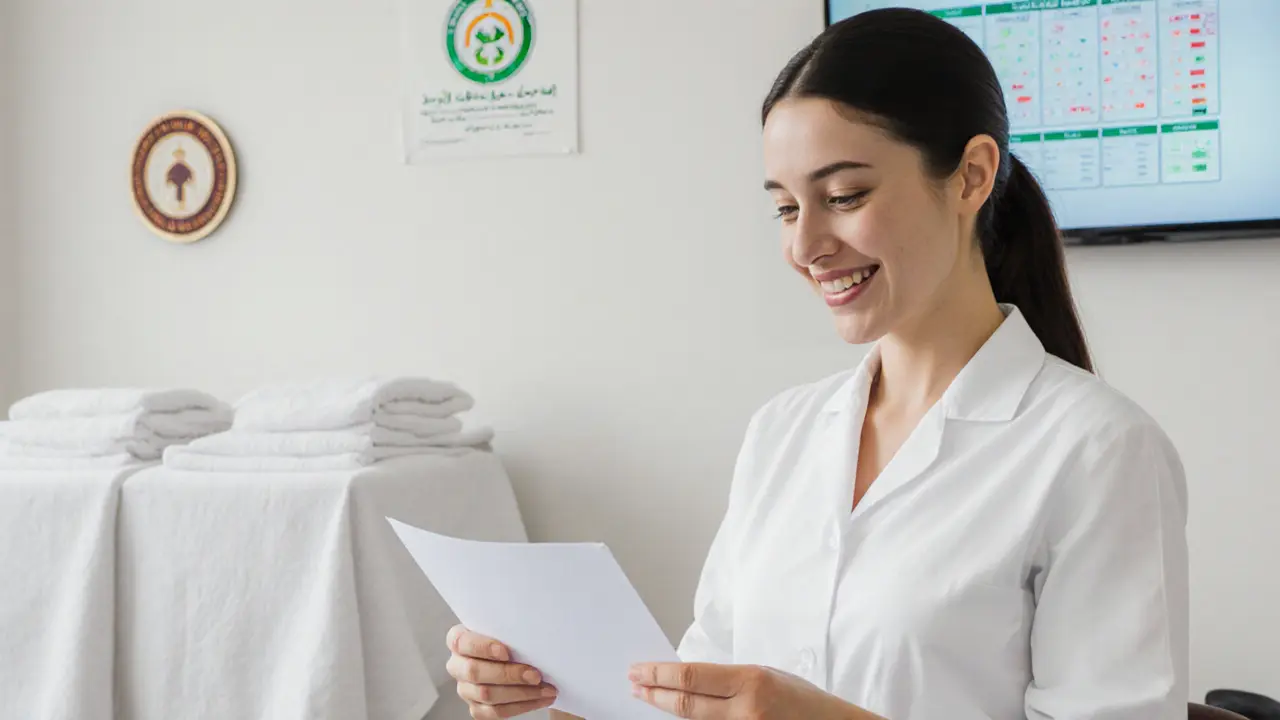 A licensed massage therapist in Dubai reviewing a client form in a clean, professional clinic.
