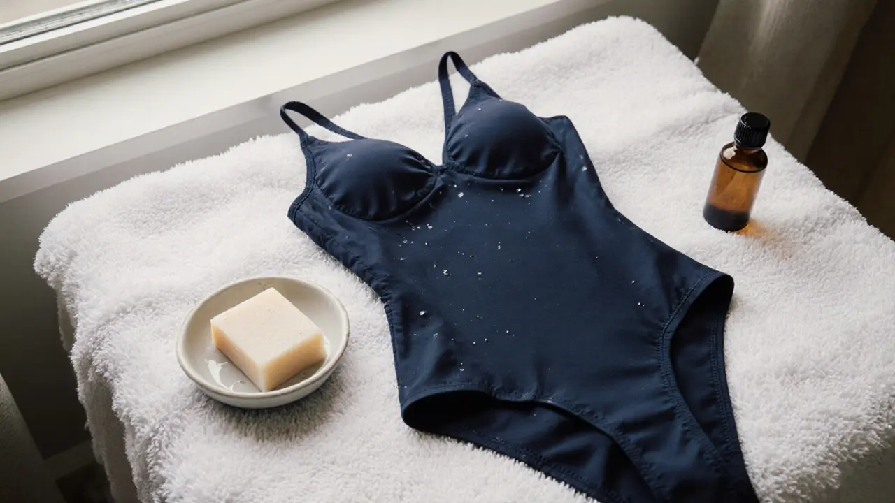 A navy one-piece swimsuit laid on a white spa towel with lavender oil nearby.